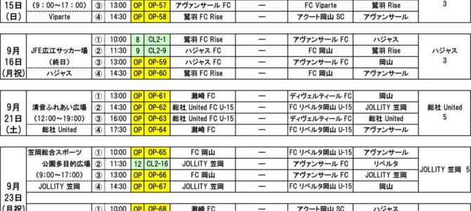 2019 岡山チャレンジリーグ試合日程 9月,10月　試合日程　結果